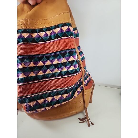 LARGE BACKPACK HAND WOVEN WOOL KILIM TOOLED LEATHER VTG SLING PURSE TOTE BAG main image 9
